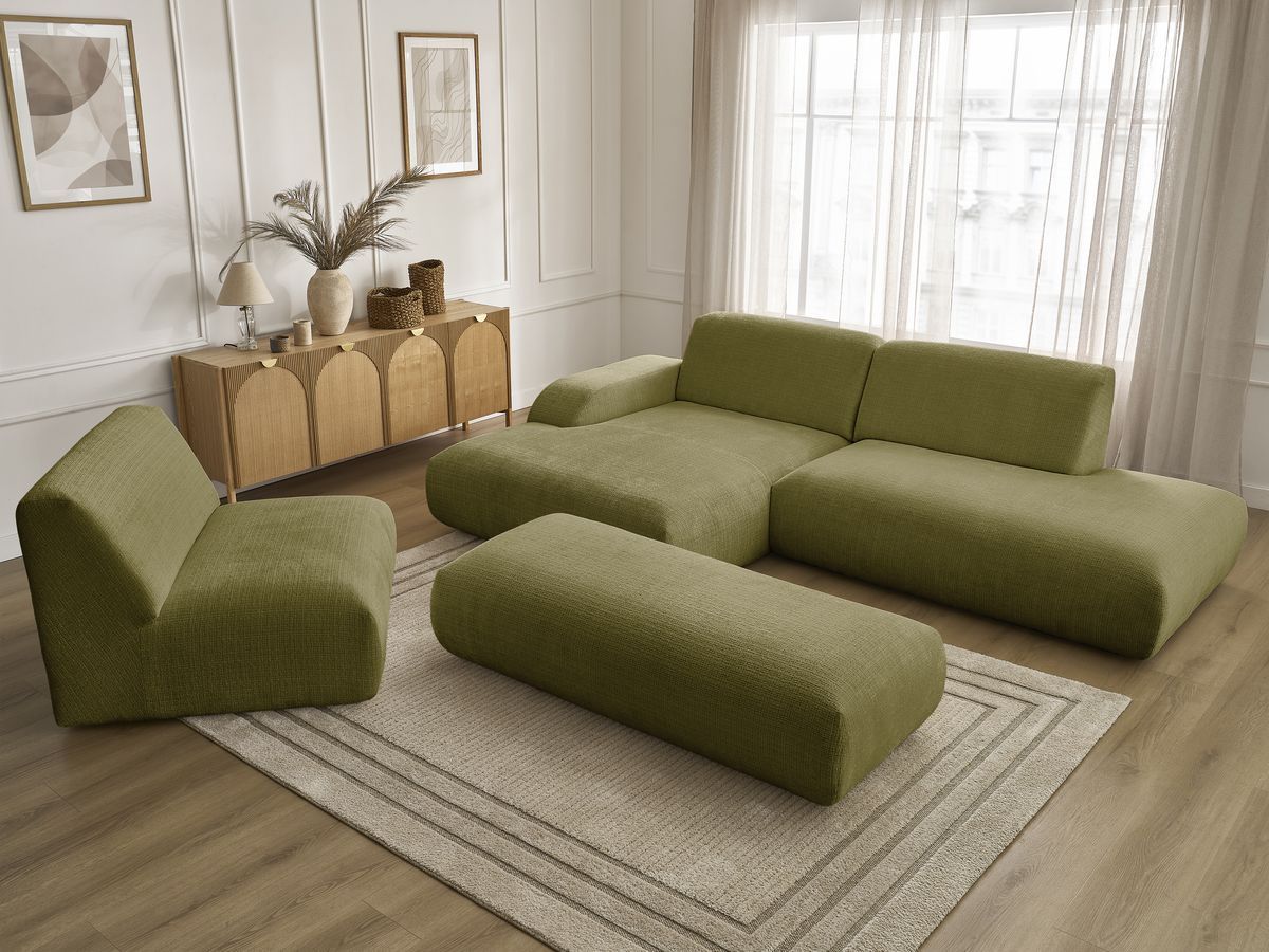 Canapé d'angle fixe modulable SIRIUS tissu texturé avec 1 chauffeuse et grand pouf