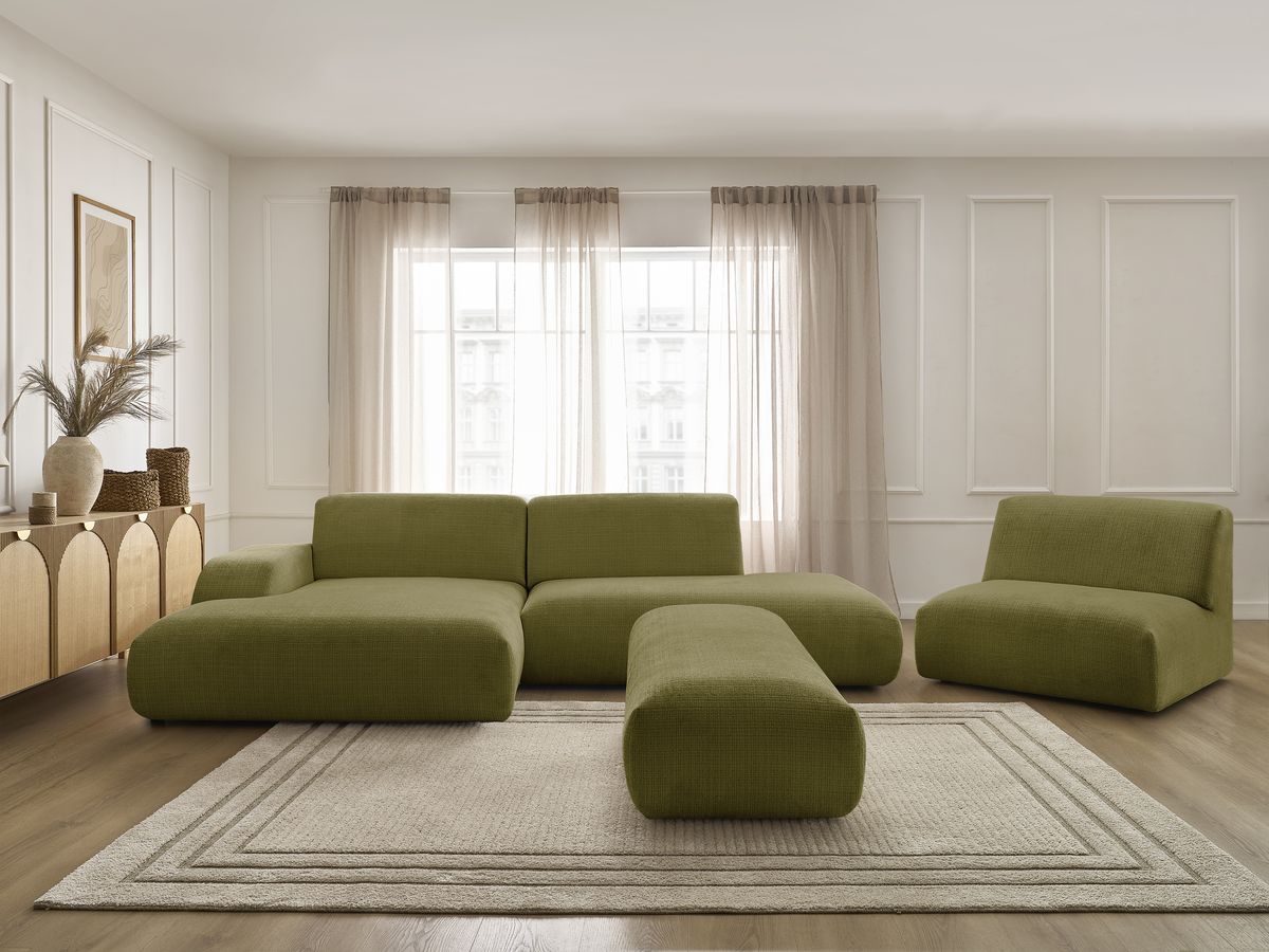 Canapé d'angle fixe modulable SIRIUS tissu texturé avec 1 chauffeuse et grand pouf