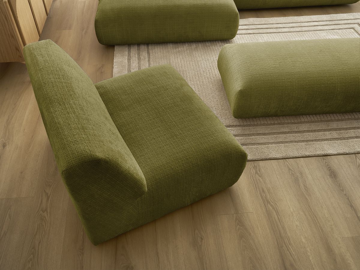 Canapé d'angle fixe modulable SIRIUS tissu texturé avec 1 chauffeuse et grand pouf