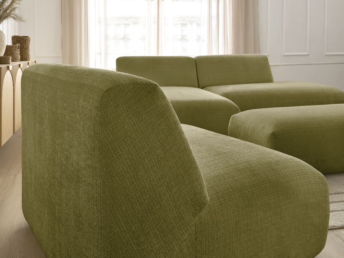 Canapé d'angle fixe modulable SIRIUS tissu texturé avec 1 chauffeuse et grand pouf