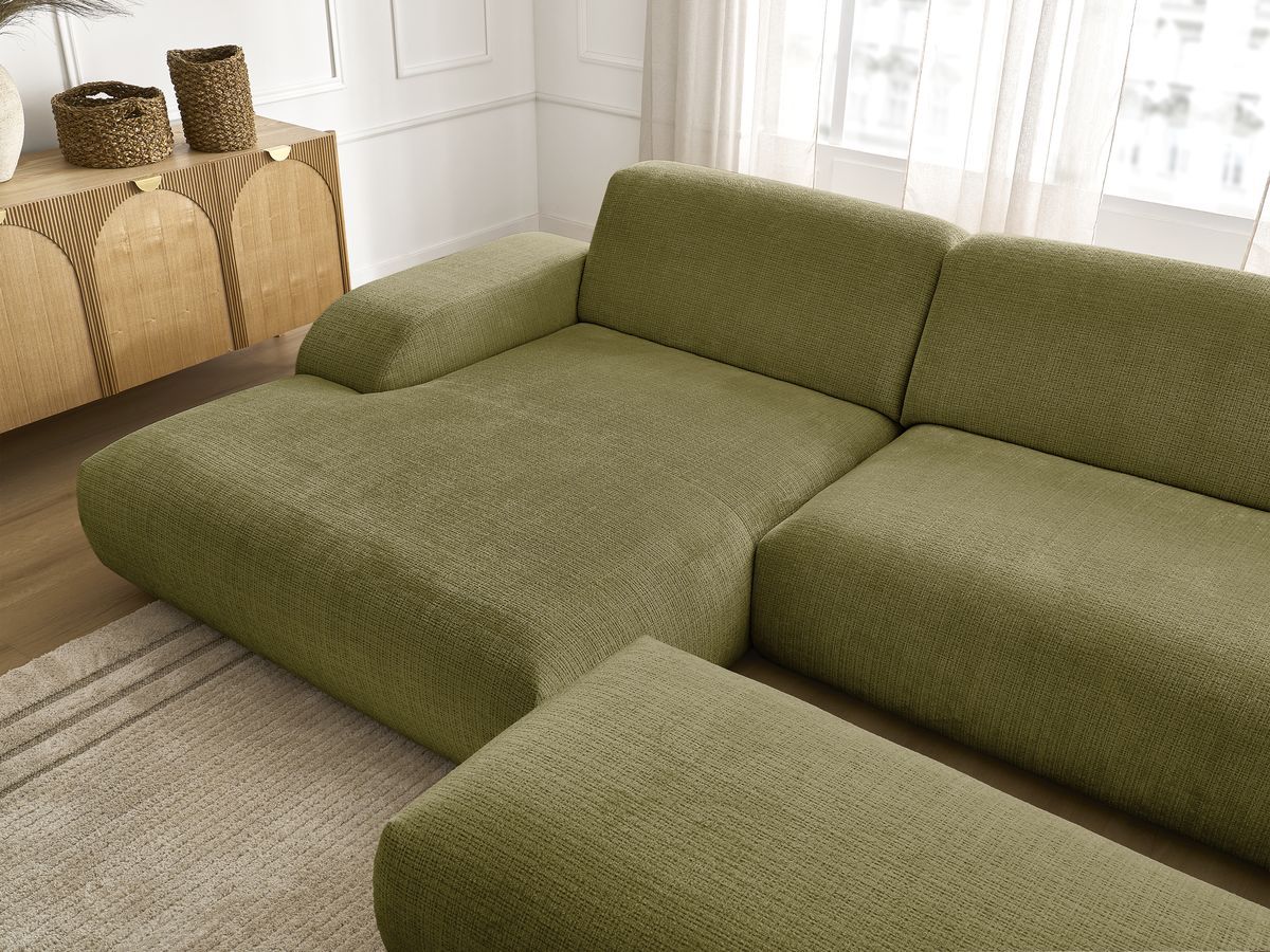 Canapé d'angle fixe modulable SIRIUS tissu texturé avec 1 chauffeuse et grand pouf