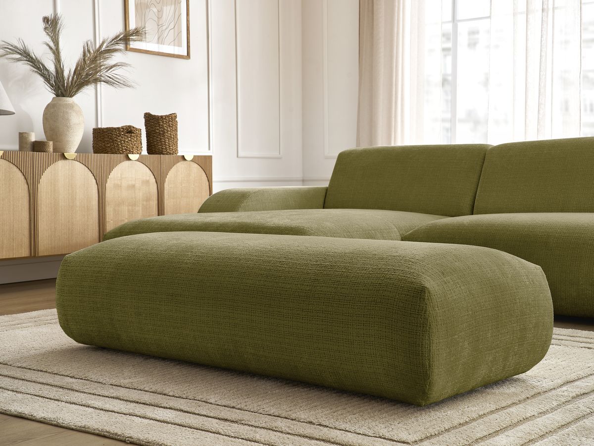 Canapé d'angle fixe modulable SIRIUS tissu texturé avec 1 chauffeuse et grand pouf