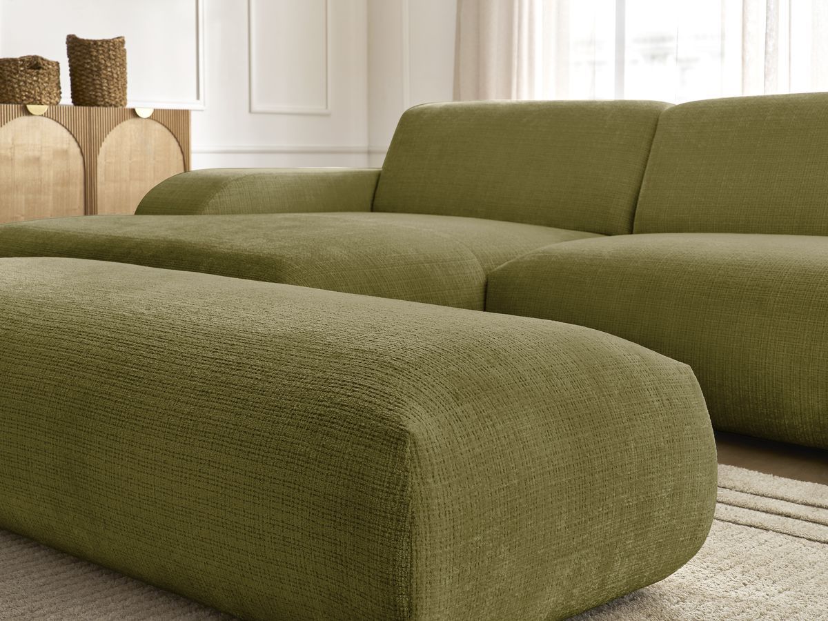 Canapé d'angle fixe modulable SIRIUS tissu texturé avec 1 chauffeuse et grand pouf
