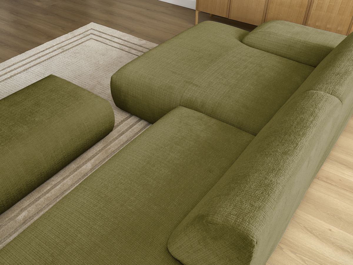 Canapé d'angle fixe modulable SIRIUS tissu texturé avec 1 chauffeuse et grand pouf