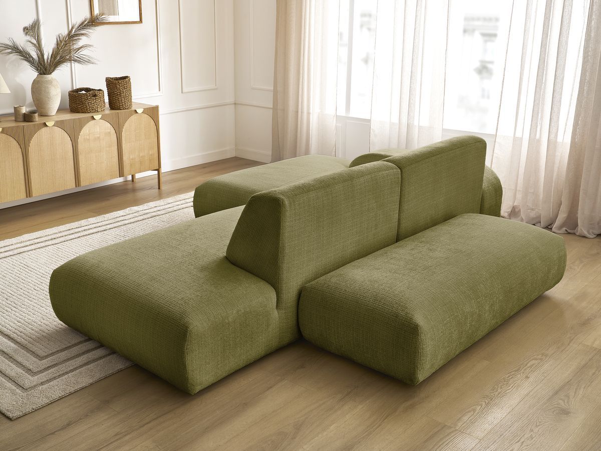 Canapé d'angle fixe modulable SIRIUS tissu texturé avec 1 chauffeuse et grand pouf