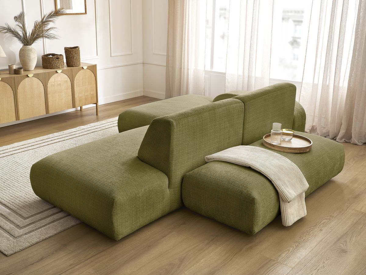 Canapé d'angle fixe modulable SIRIUS tissu texturé avec 1 chauffeuse et grand pouf