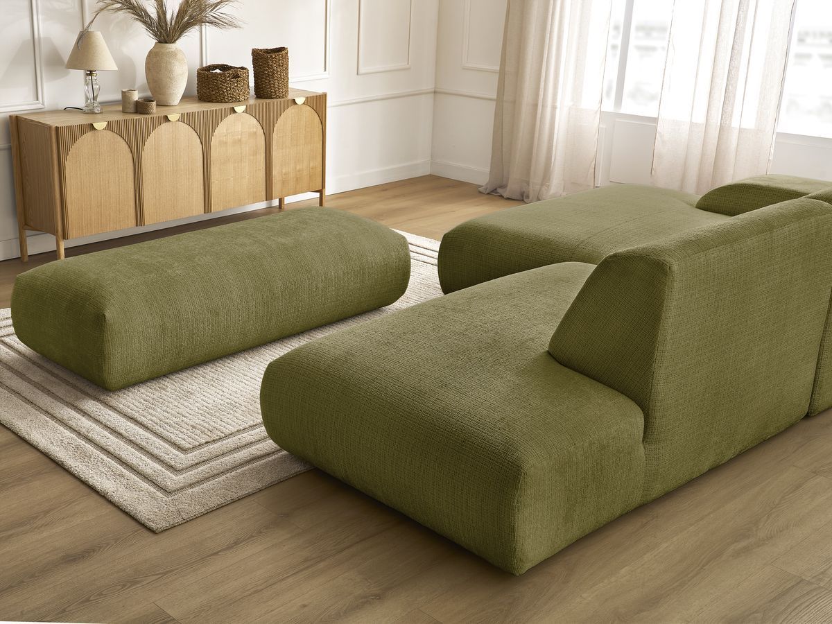Canapé d'angle fixe modulable SIRIUS tissu texturé avec 1 chauffeuse et grand pouf