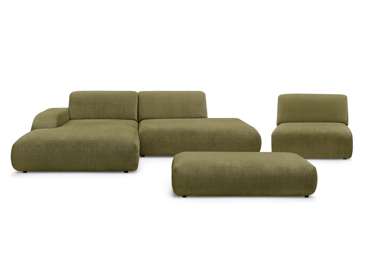 Canapé d'angle fixe modulable SIRIUS tissu texturé avec 1 chauffeuse et grand pouf
