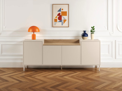 Buffet 4 portes 200 cm LINO plateau effet chêne et pieds métal