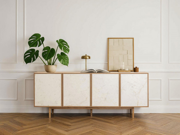 Buffet 4 portes 200 cm BARI placage chêne massif et céramique