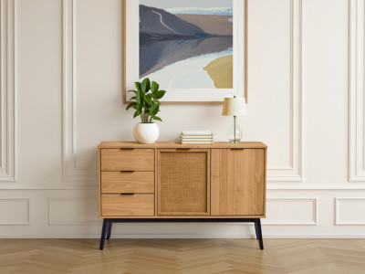 Buffet 130 cm ALBI bois massif et rotin