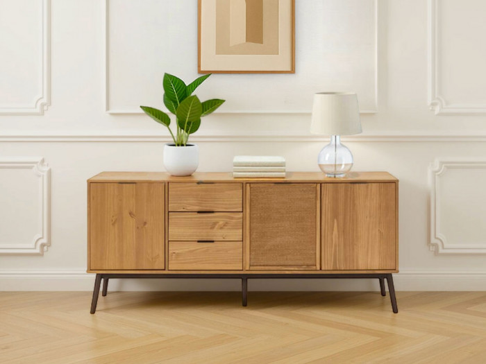Buffet bas 3 portes 186 cm YOKO Pin massif et rotin