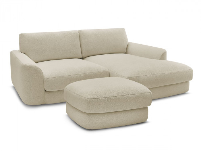 Canapé d'angle fixe LEONORE tissu bouclette avec pouf