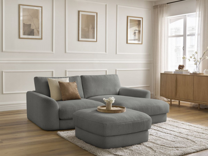 Canapé d'angle fixe LEONORE tissu bouclette avec pouf