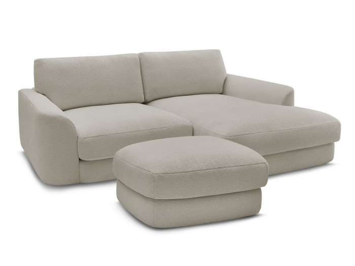 Canapé d'angle fixe LEONORE tissu bouclette avec pouf