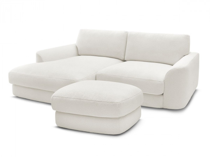 Canapé d'angle fixe LEONORE tissu bouclette avec pouf