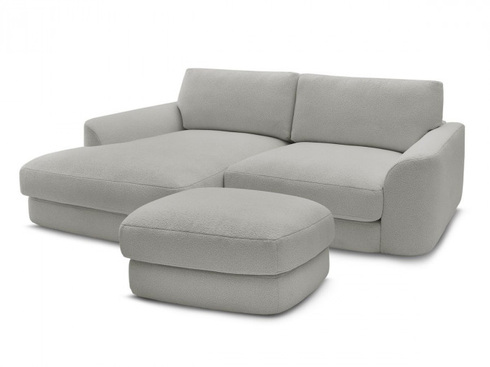 Canapé d'angle fixe LEONORE tissu bouclette avec pouf