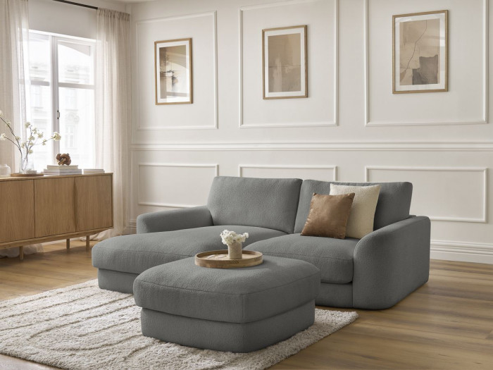 Canapé d'angle fixe LEONORE tissu bouclette avec pouf