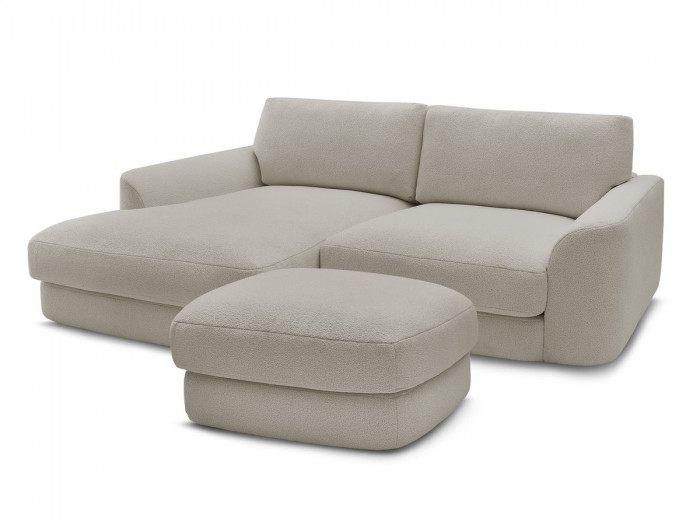 Canapé d'angle fixe LEONORE tissu bouclette avec pouf