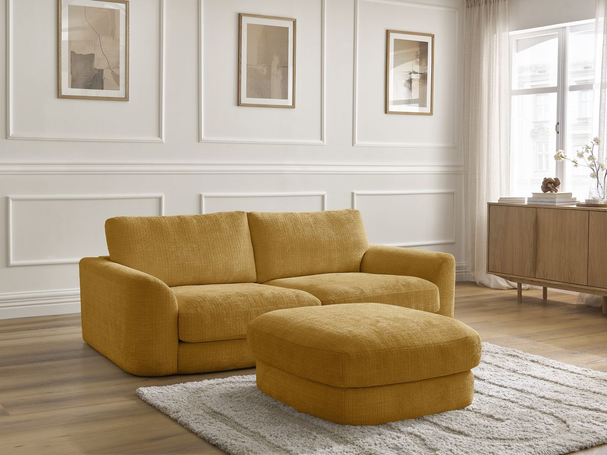 Canapé droit fixe LEONORE tissu texturé avec pouf