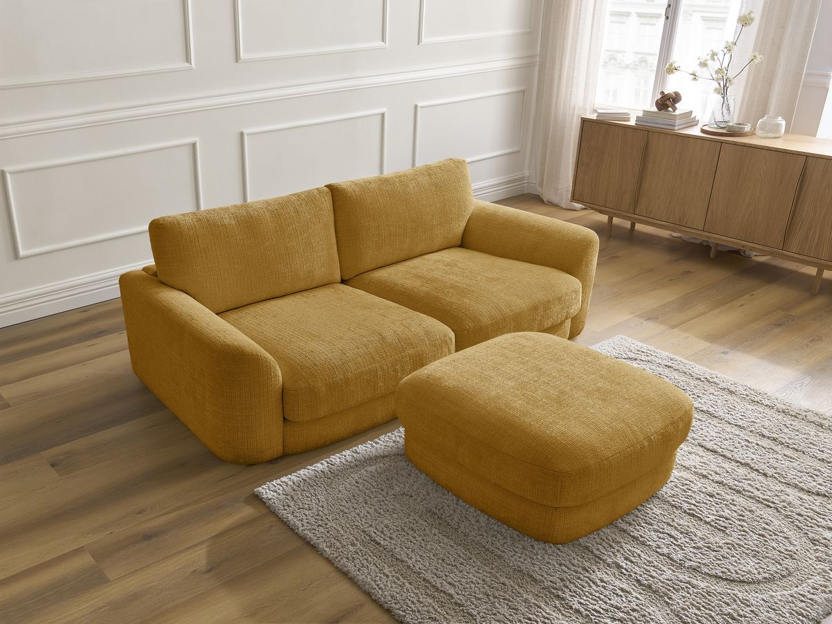 Canapé droit fixe LEONORE tissu texturé avec pouf