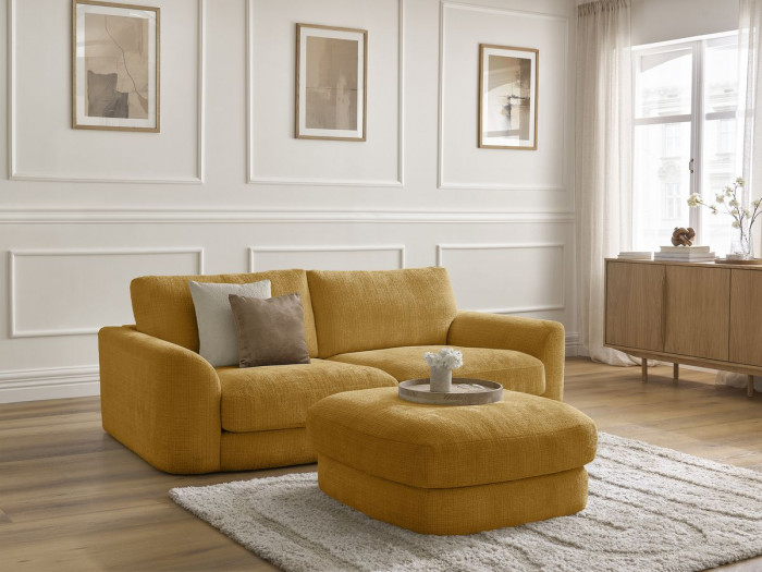 Canapé droit fixe LEONORE tissu texturé avec pouf