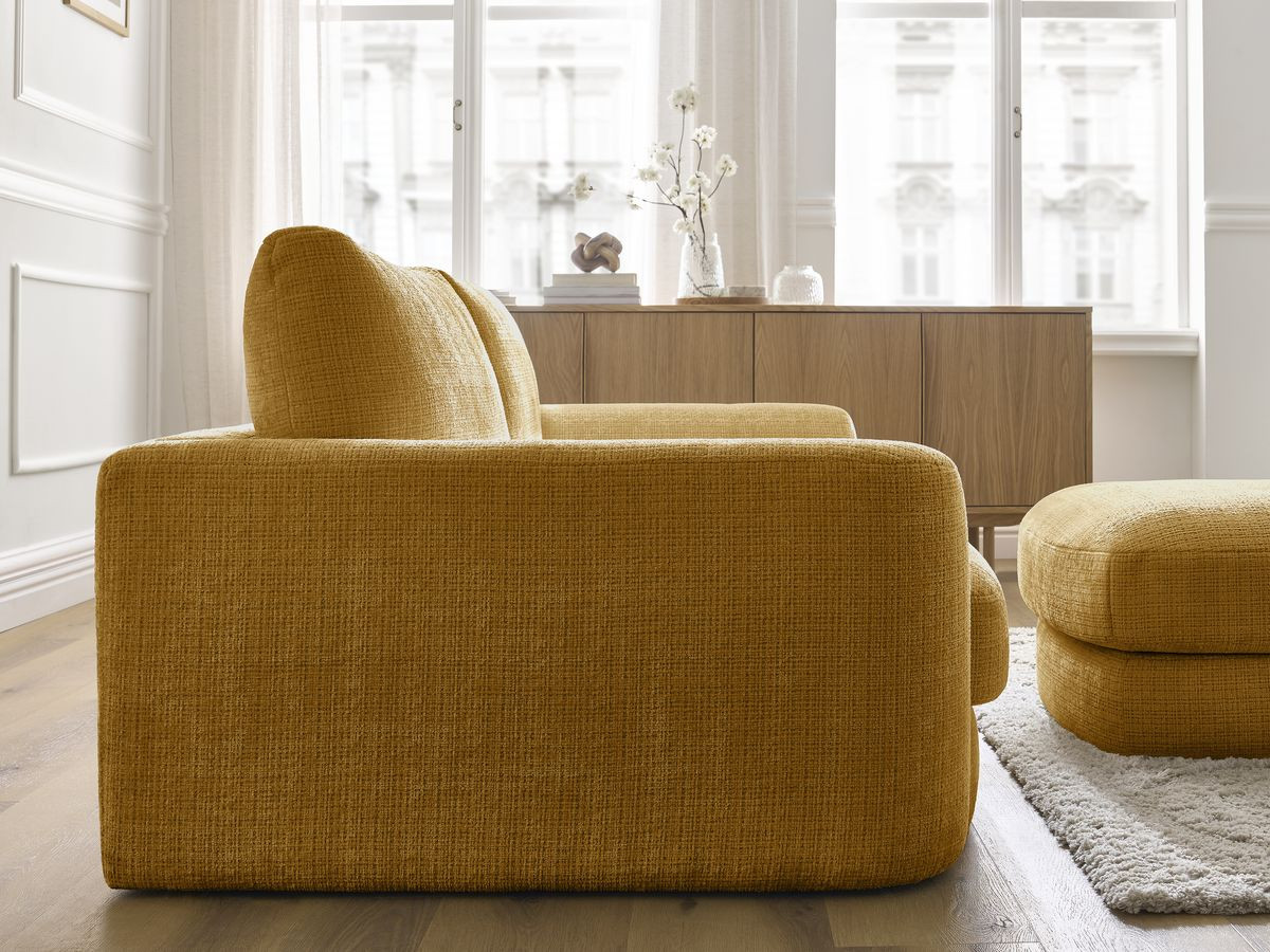 Canapé droit fixe LEONORE tissu texturé avec pouf