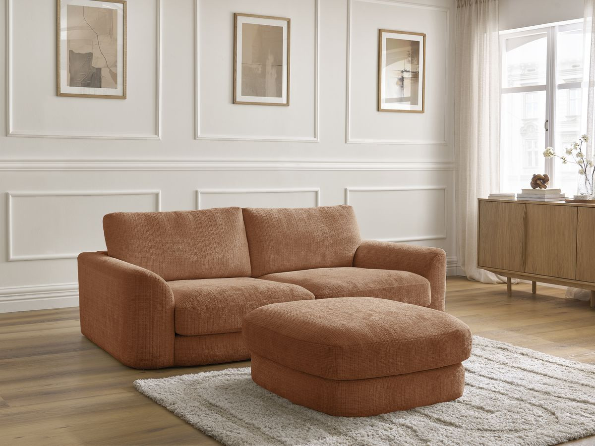 Canapé droit fixe LEONORE tissu texturé avec pouf