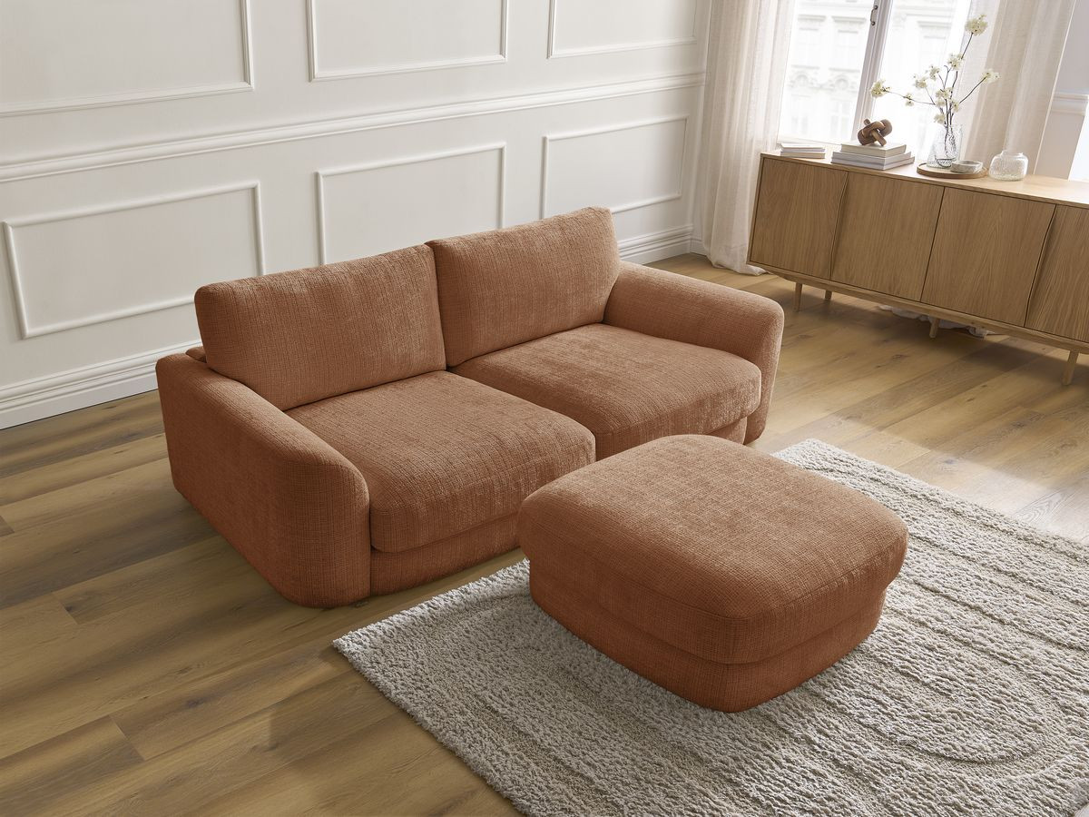 Canapé droit fixe LEONORE tissu texturé avec pouf