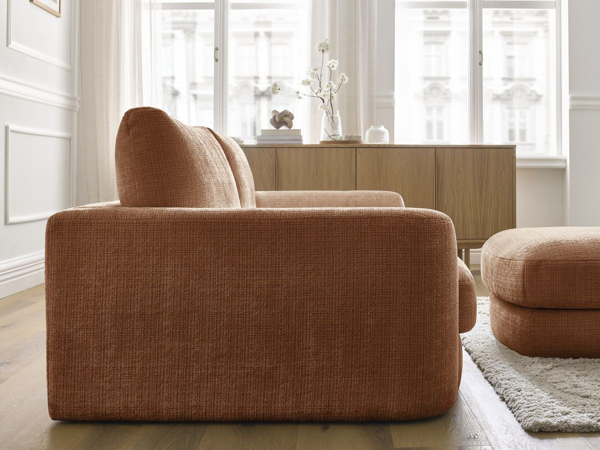 Canapé droit fixe LEONORE tissu texturé avec pouf