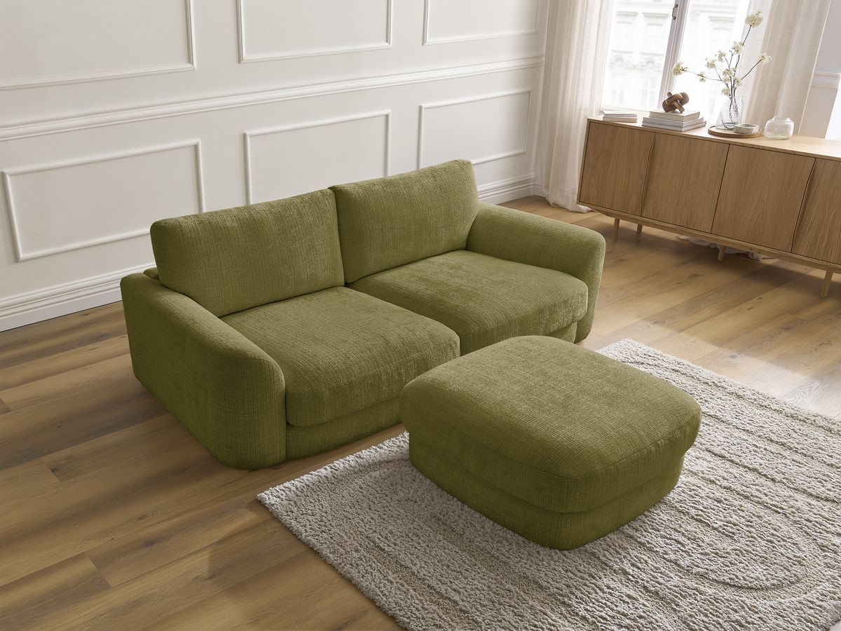 Canapé droit fixe LEONORE tissu texturé avec pouf