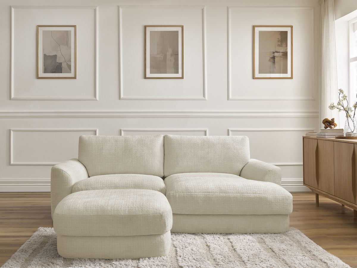 Canapé d'angle LEONORE texturé avec pouf beige — vue 5