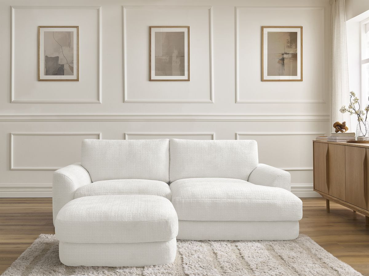 Canapé d'angle LEONORE texturé avec pouf blanc — vue 5