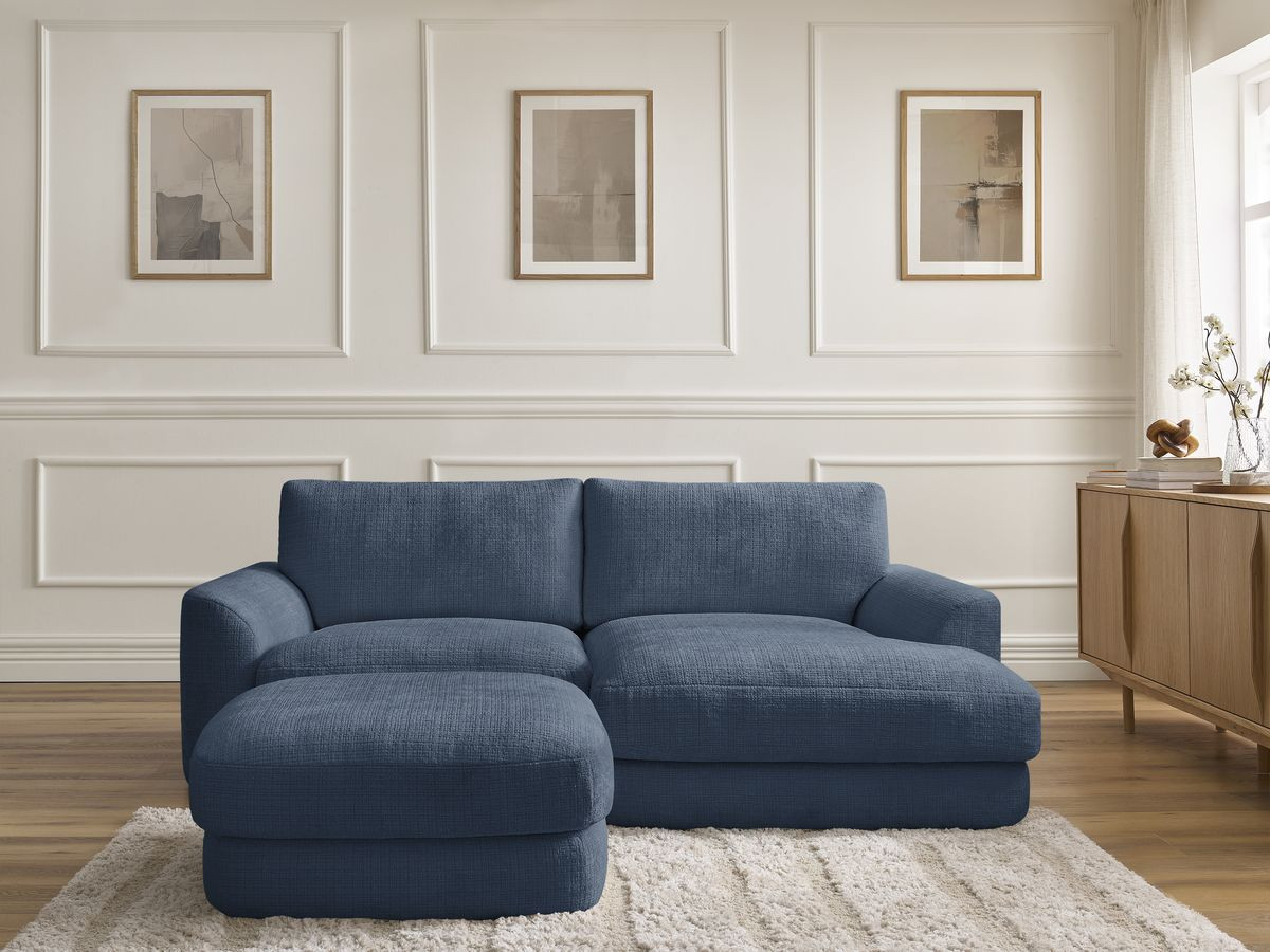 Canapé d'angle LEONORE texturé avec pouf bleu foncé — vue 5