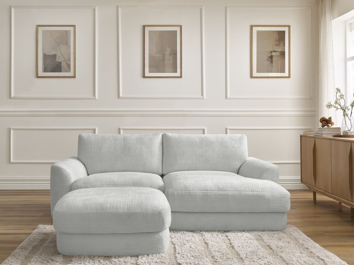 Canapé d'angle LEONORE texturé avec pouf gris clair — vue 5