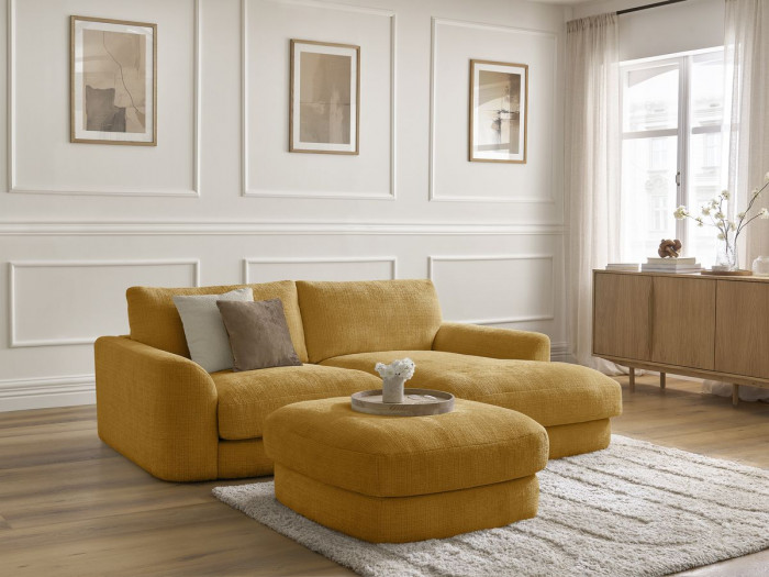 Canapé d'angle fixe LEONORE tissu texturé avec pouf