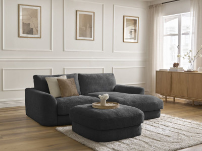 Canapé d'angle fixe LEONORE tissu texturé avec pouf