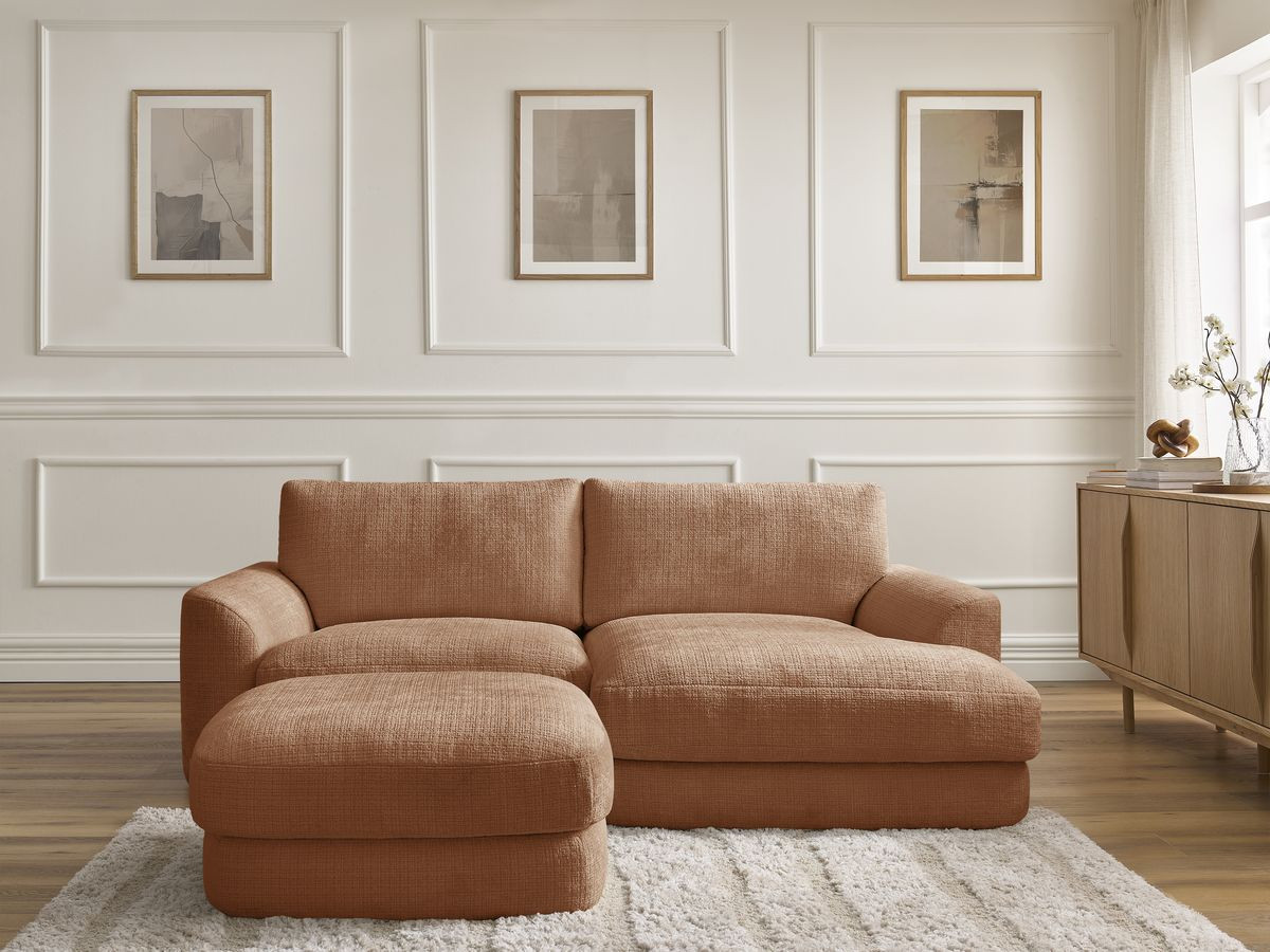 Canapé d'angle LEONORE texturé avec pouf orange — vue 5