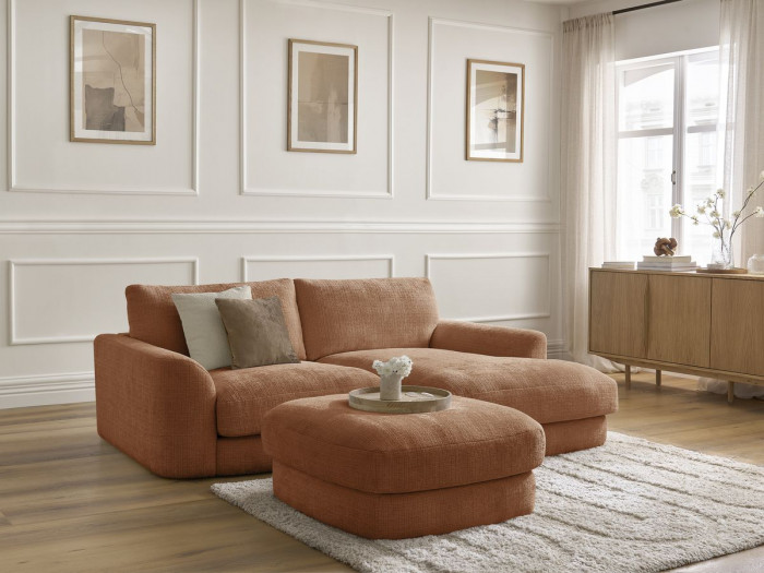 Canapé d'angle fixe LEONORE tissu texturé avec pouf