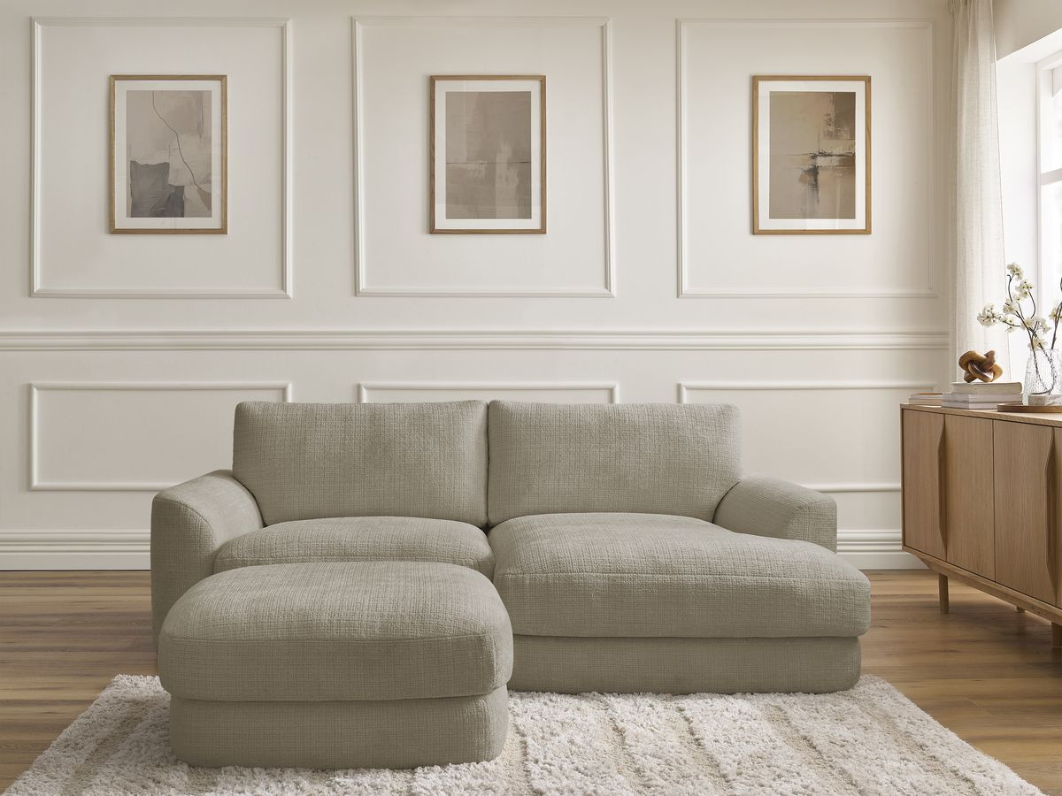 Canapé d'angle LEONORE texturé avec pouf taupe — vue 5