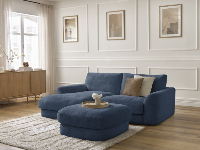 Canapé d'angle fixe LEONORE tissu texturé avec pouf