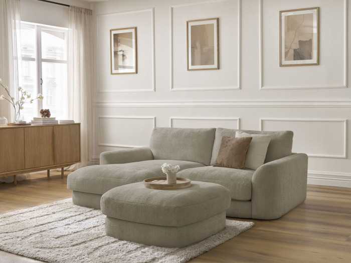 Canapé d'angle fixe LEONORE tissu texturé avec pouf