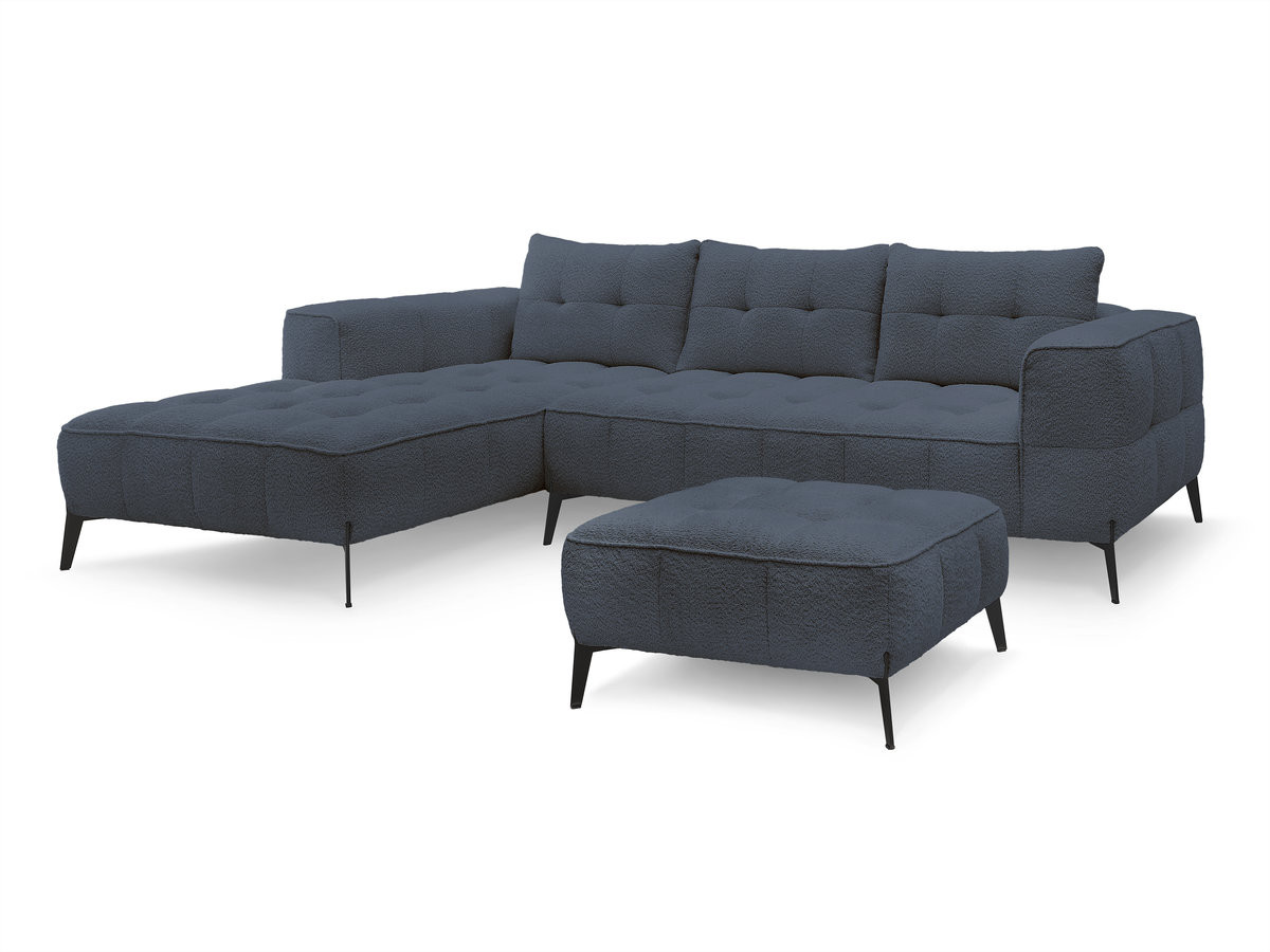 vaste hoekbank anis badstof met poef gekleurd donkerblauw