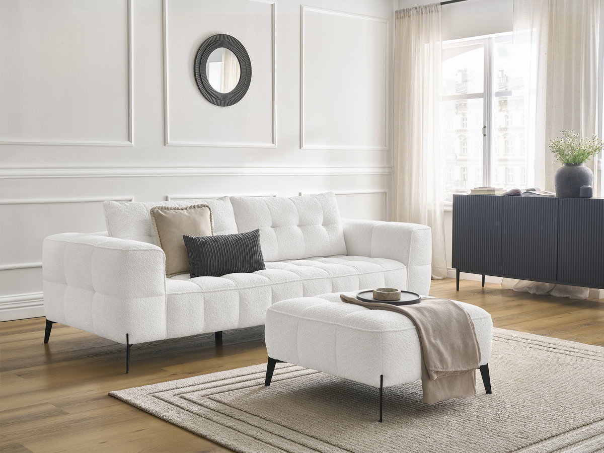 Canapé droit 3 places ANIS bouclette avec pouf blanc