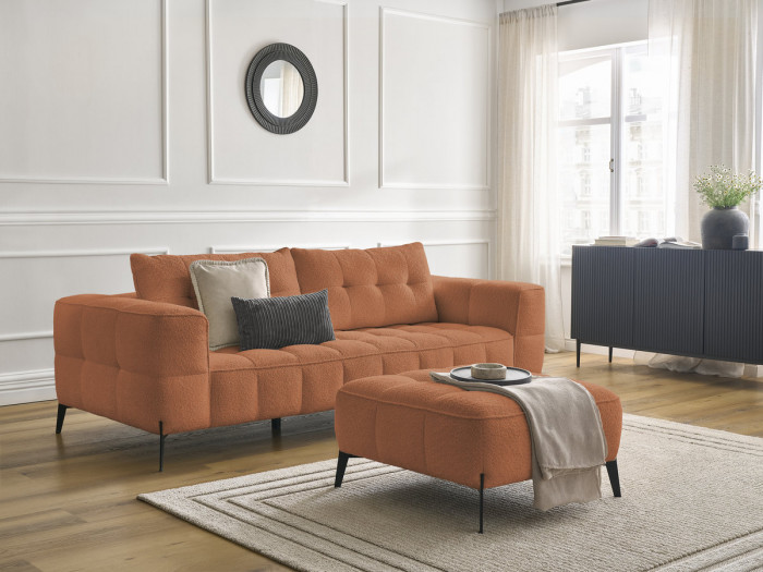 Canapé droit fixe 3 places ANIS tissu bouclette avec pouf