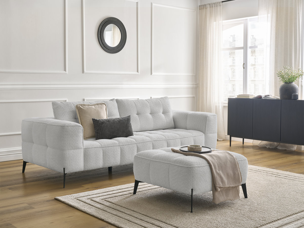 Canapé droit 3 places ANIS bouclette avec pouf gris clair