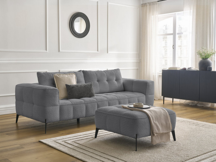 Canapé droit fixe 3 places ANIS tissu bouclette avec pouf