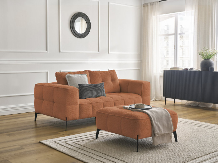 Canapé droit fixe 2 places ANIS tissu bouclette avec pouf