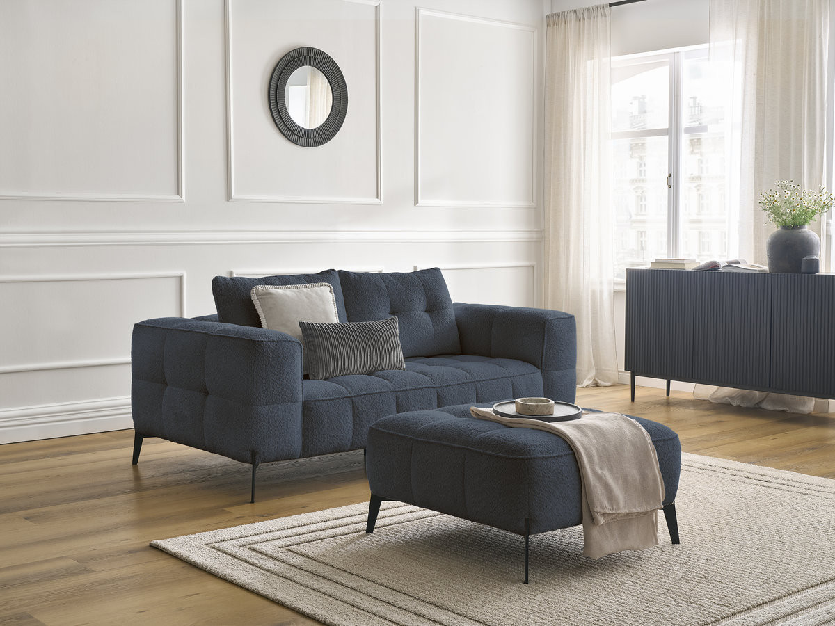 Canapé droit 2 places ANIS bouclette avec pouf bleu foncé