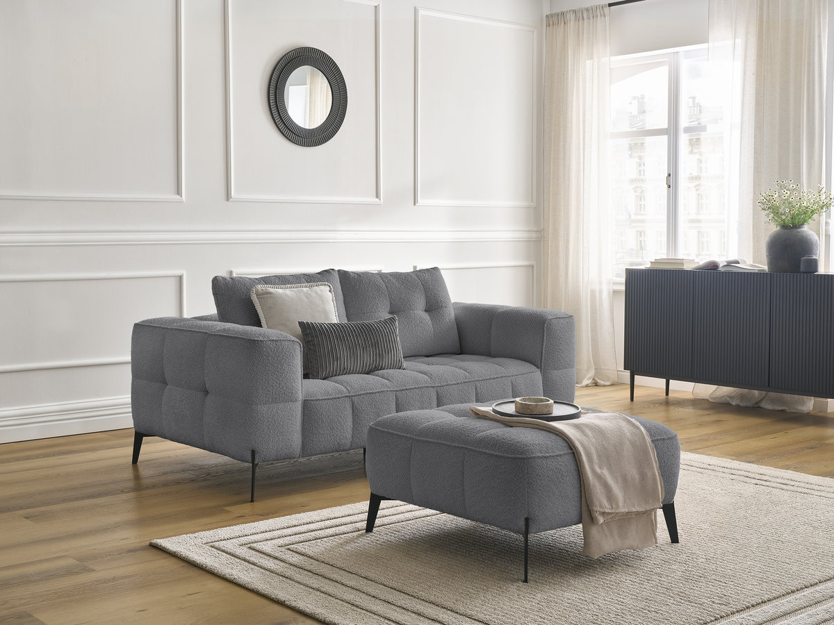 Canapé droit 2 places ANIS bouclette avec pouf gris foncé